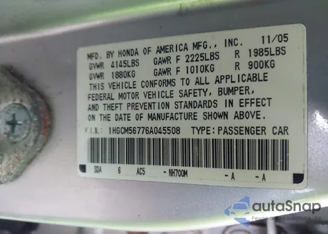 2006 Honda Accord 2.4 Ex из США, поврежденный, VIN 1HGCM56776A045508